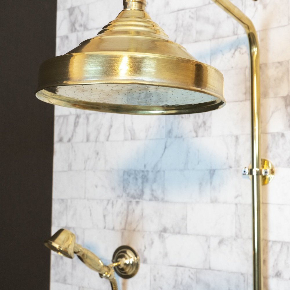 Unlacquered Brass Shower System – Rain Head & Thermostatic Controls – detail of handle and finish