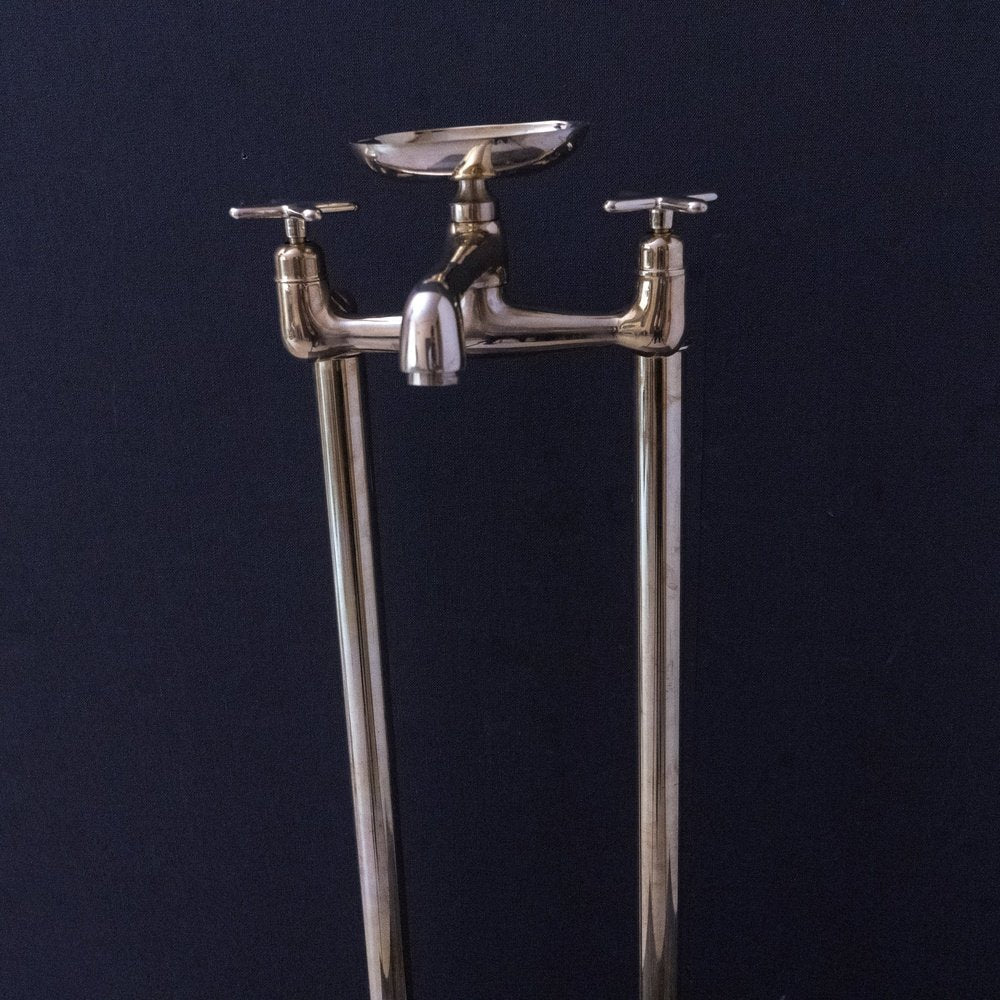 Unlacquered Brass Floor-Mount Tub Filler – Curved Column Spout