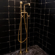 Unlacquered Brass Floor-Mounted Tub Filler – With Handshower