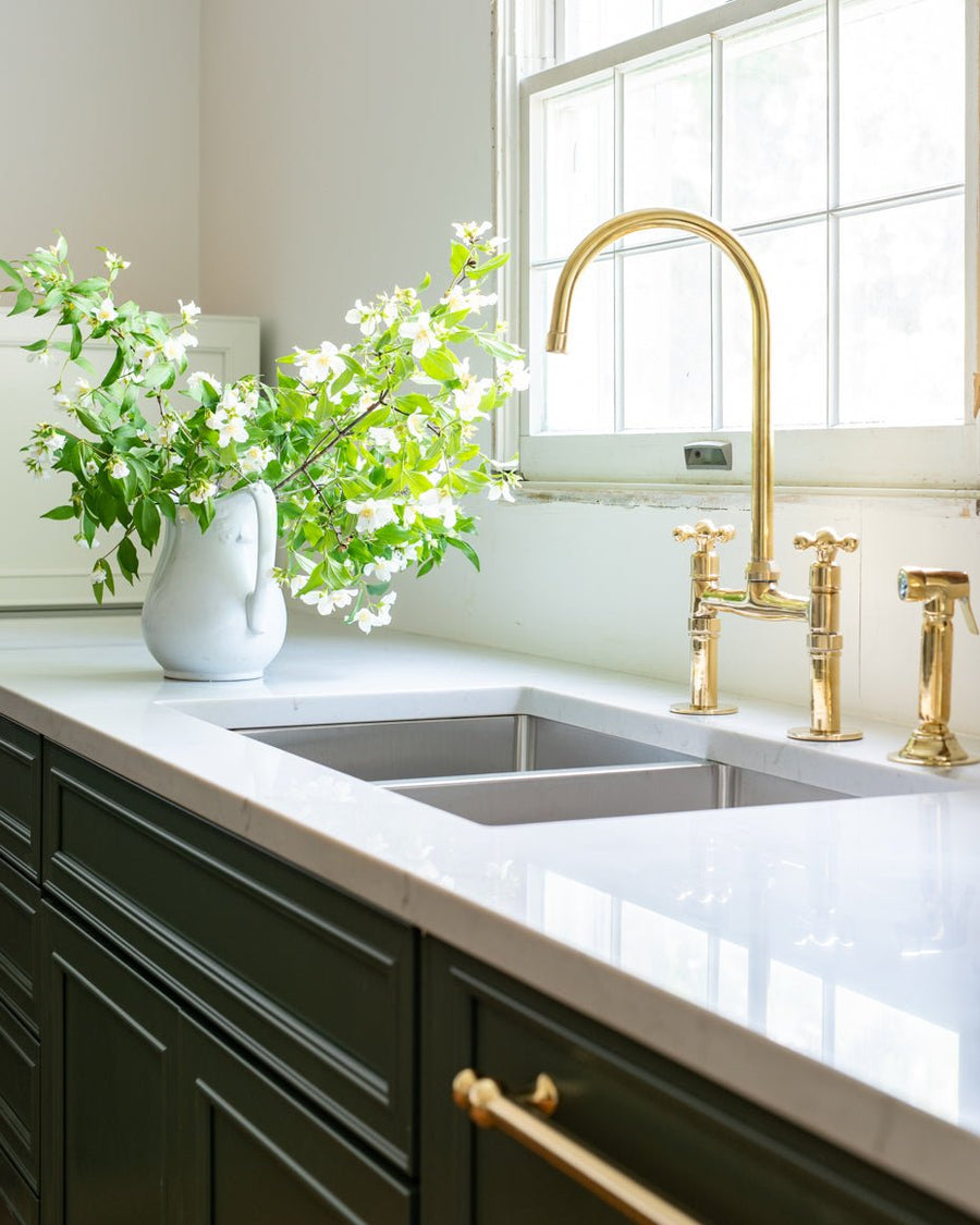 Unlacquered Brass High-Arch Bridge Kitchen Faucet with Sprayer