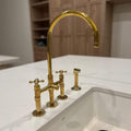 Unlacquered Brass Gooseneck Bridge Kitchen Faucet – Side Sprayer
