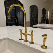 Unlacquered Brass Gooseneck Bridge Kitchen Faucet – Side Sprayer