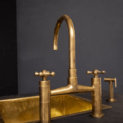 Unlacquered Brass Bridge Kitchen Faucet – Sprayer & Cross Handles, Farmhouse Style