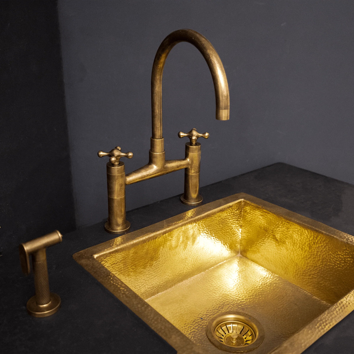 Unlacquered Brass Bridge Kitchen Faucet – Sprayer & Cross Handles, Farmhouse Style