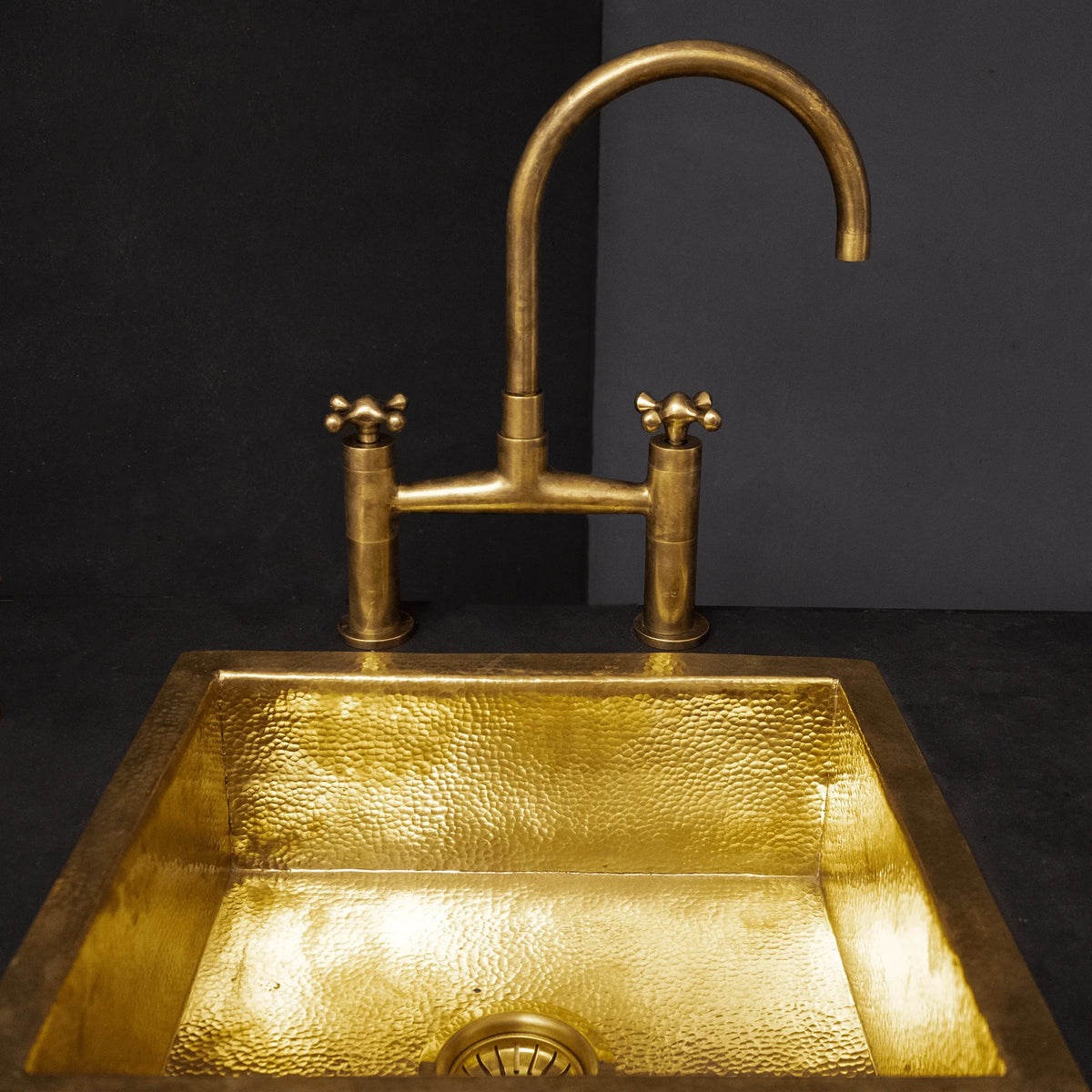 Unlacquered Brass Bridge Kitchen Faucet – Sprayer & Cross Handles, Farmhouse Style – detail of finish
