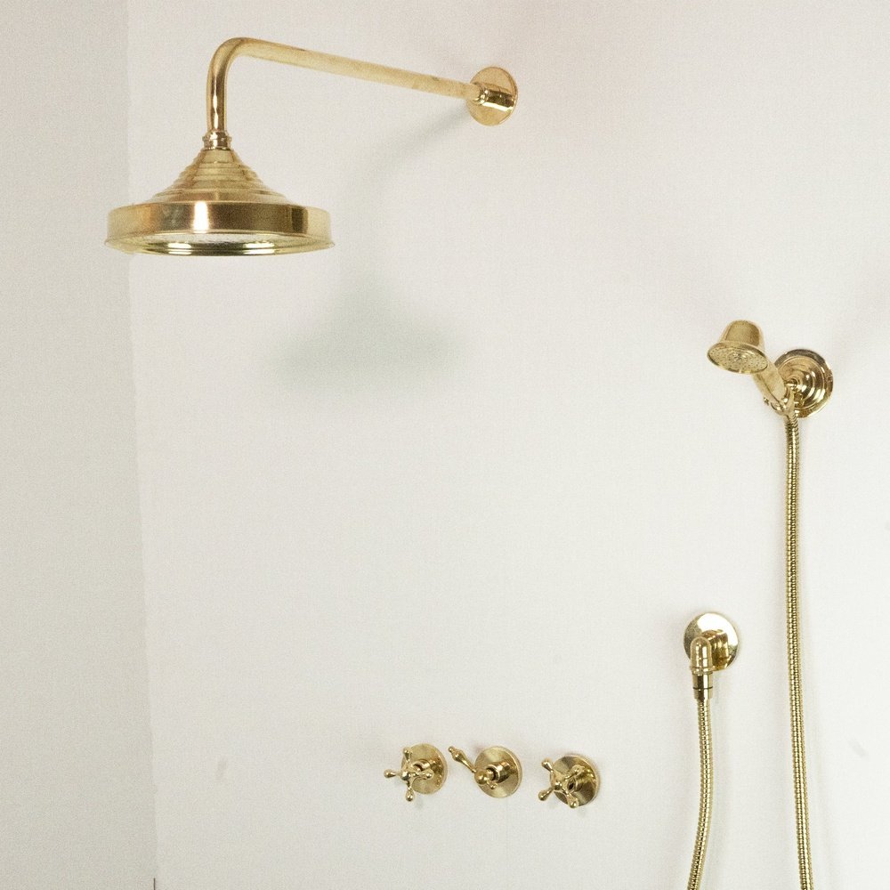 Unlacquered Brass Shower System – Rain Head, Handheld & Slide Rail