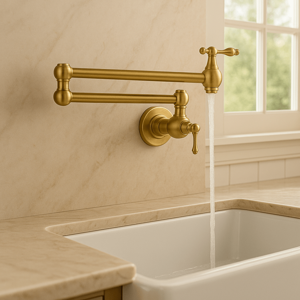 Unlacquered Brass Pot Filler – Wall Mount, Double-Jointed – front view