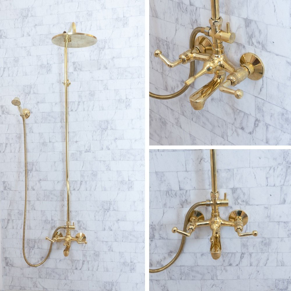 Unlacquered Brass Shower System – Cross Handles, Vintage-Style