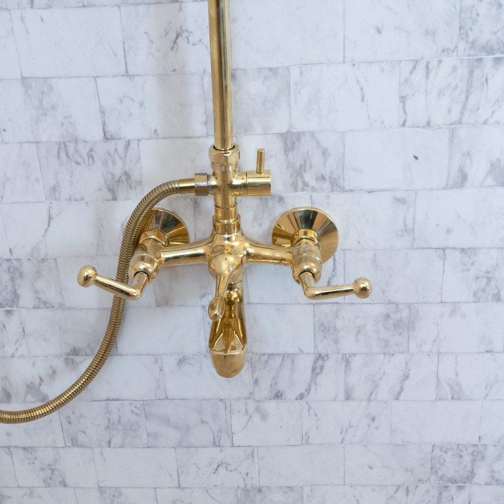 Unlacquered Brass Shower System – Cross Handles, Vintage-Style – detail of handle and finish