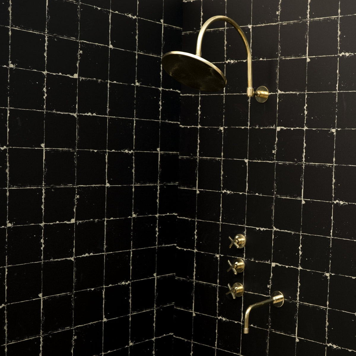 Unlacquered Brass Shower System - Rain Head & Tub Filler - close-up detail