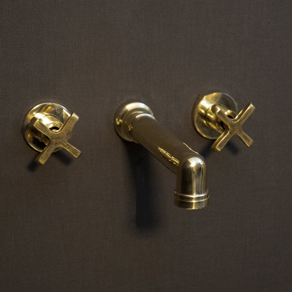 Unlacquered Brass Wall-Mounted Faucet – Flat Cross Handles – side profile