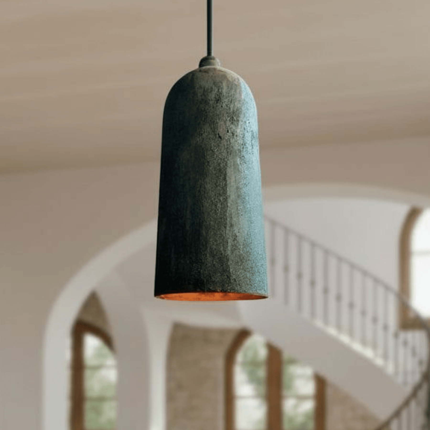 Verdigris Copper Cylinder Pendant – Long Kitchen Light