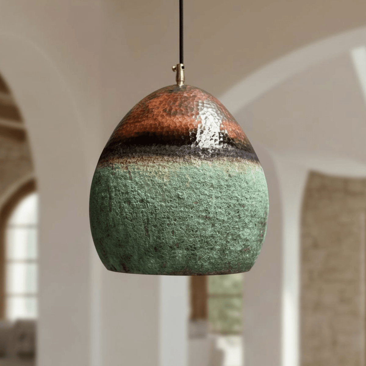 Verdigris Copper Pendant - Oval Cutout Ceiling Light – detail of hand-hammered patina finish