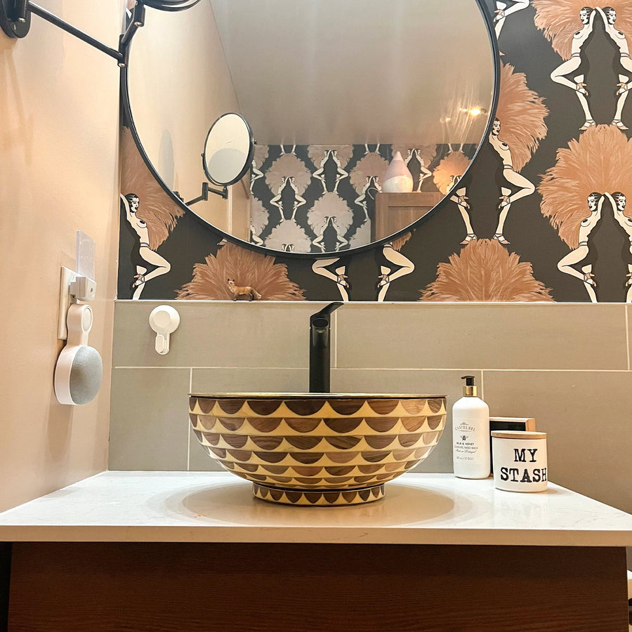 Wood & Unlacquered Brass Bathroom Vessel Sink
