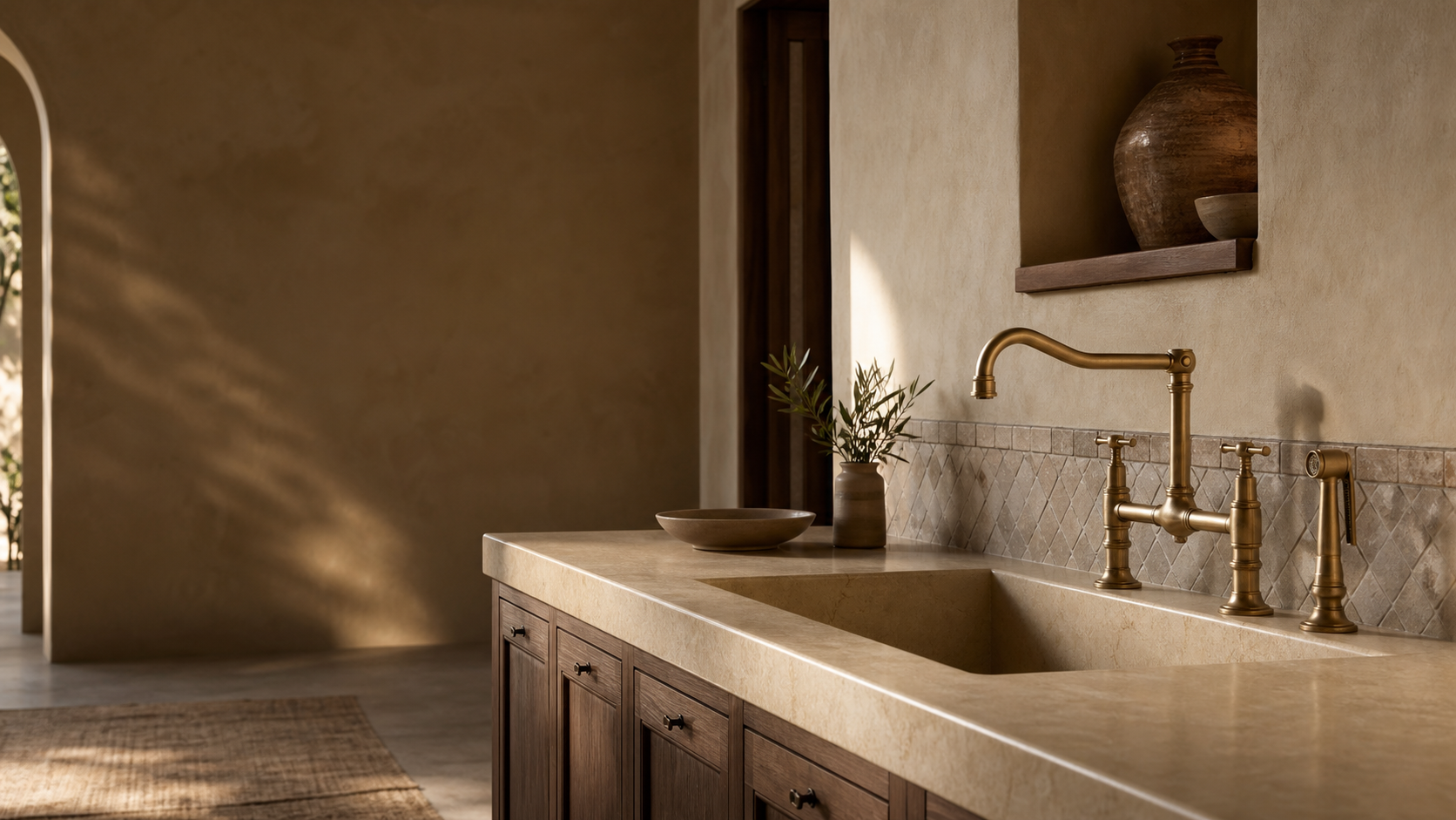 Unlacquered brass bridge faucet in a warm Moroccan-inspired kitchen