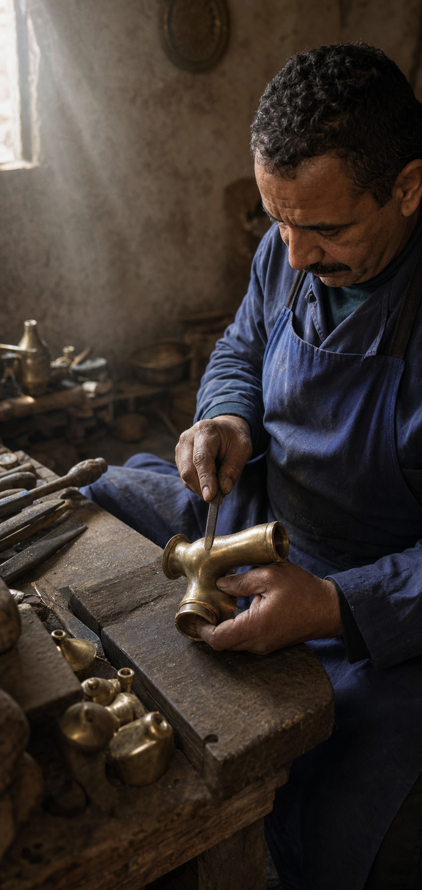 Moroccan artisan shaping solid brass by hand