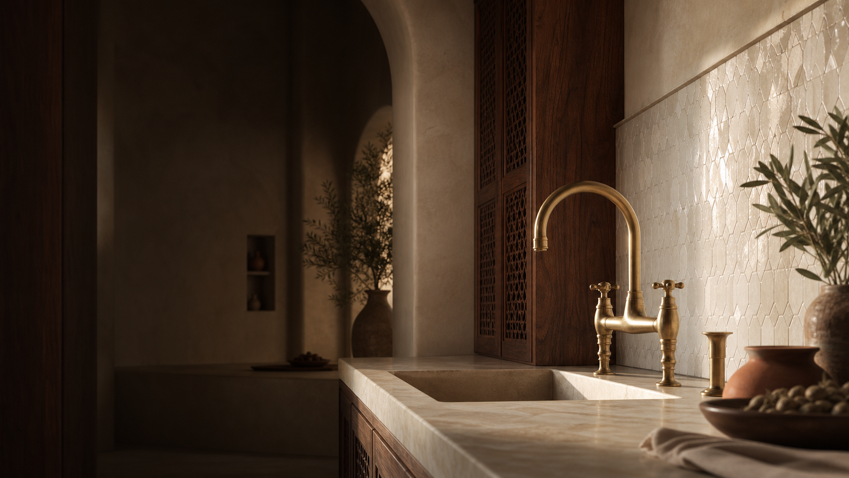 Unlacquered brass bridge faucet in a warm Moroccan-inspired kitchen